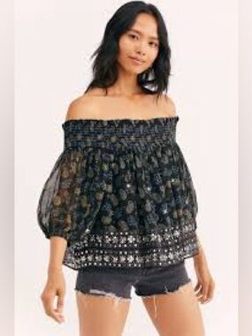Free People Embellished Paisley Off The Shoulder Smocked Top Small Boho Sequin